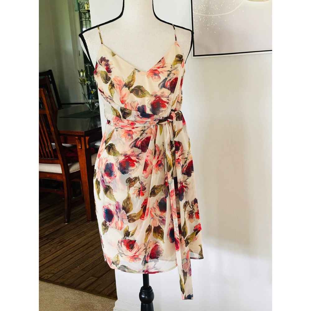 Lavender Brown Floral Watercolor Rose Wrap Mini Dress Sz S Cream Red V-Neck